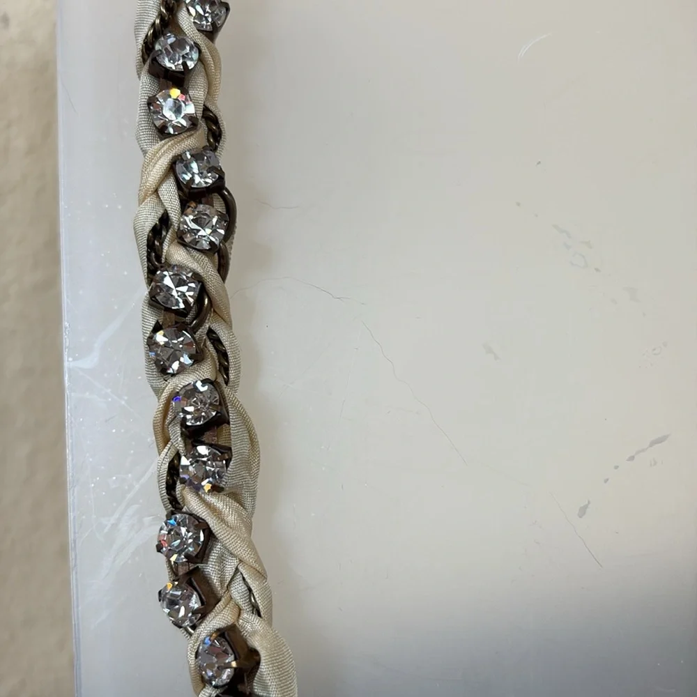 J. Crew Bronze Chain & Ivory Ribbon Necklace With Rhinestones